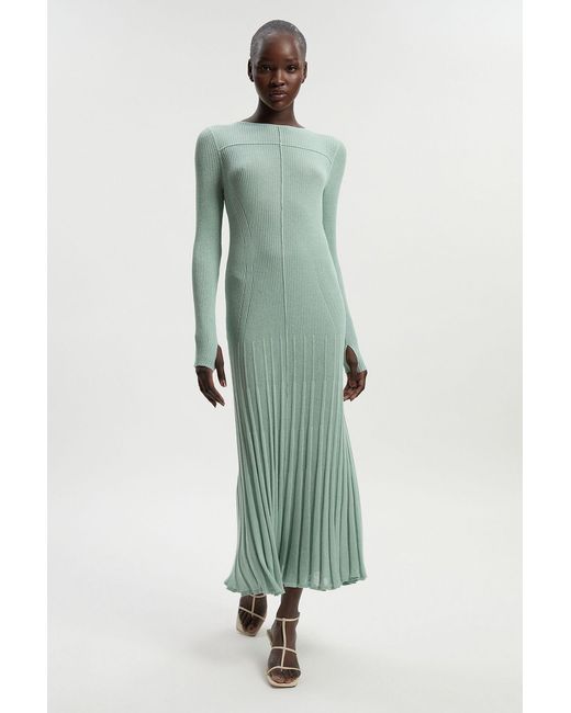 Karen Millen Green Petite Drapey Sheer Rib Knitted Midi Dress