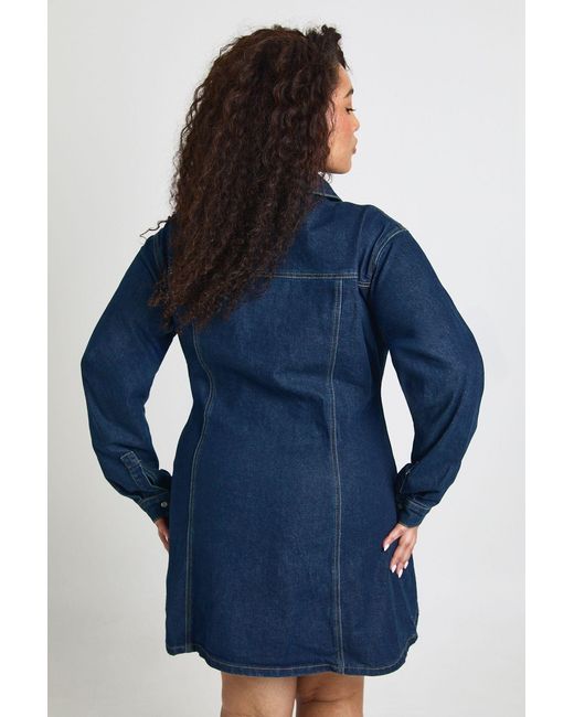 Boohoo Blue Plus Denim Cinched Button Down Skater Dress