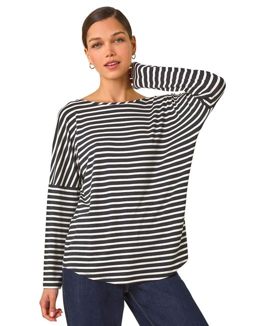 Roman Black Relaxed Stripe Print Long Sleeve Stretch Top
