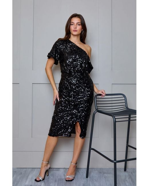 Chi Chi London Gray Plus Size One Shoulder Ruched Sequin Midi Dress