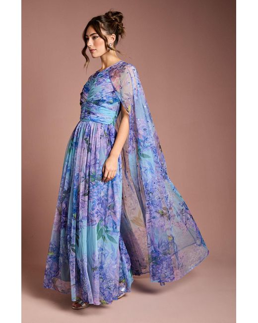 Coast Blue Pleated Mesh Printed Cape Maxi Dress With Gemstone