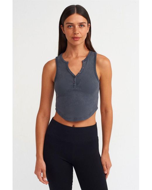 Dilvin Geribde Crop Blouse Met Knopen in het Blue
