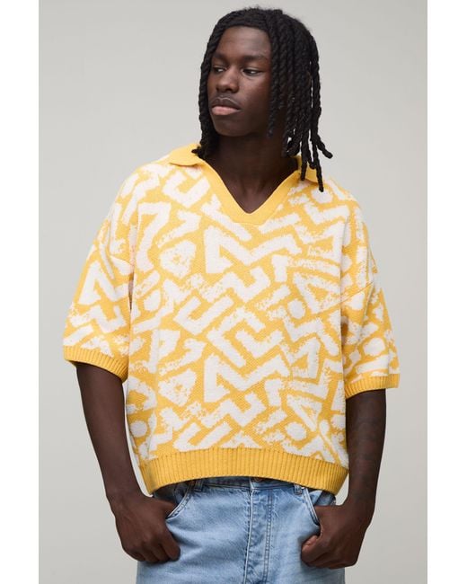 BoohooMAN Yellow Oversized Boxy Abstract Jacquard Knitted Polo for men