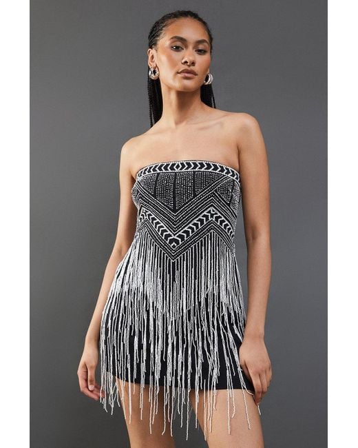Warehouse Gray Premium Bead Fringe Embellished Bandeau Mini Dress