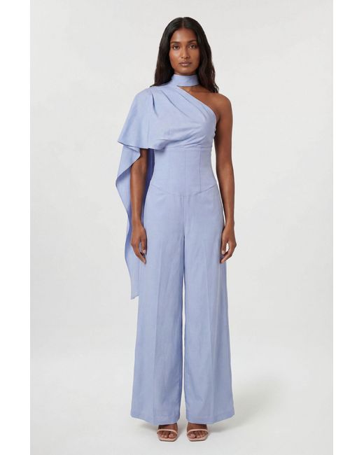 Karen Millen Blue Premium Tailored Linen High Neck One Shoulder Wide Leg Jumpsuit