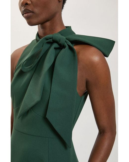 Karen Millen Green Compact Stretch Bow Tie Neck Full Skirted Midi Dress