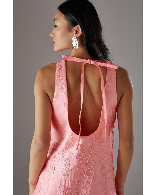 Warehouse Pink Petite Jacquard Peplum Hem Open Back Mini Dress