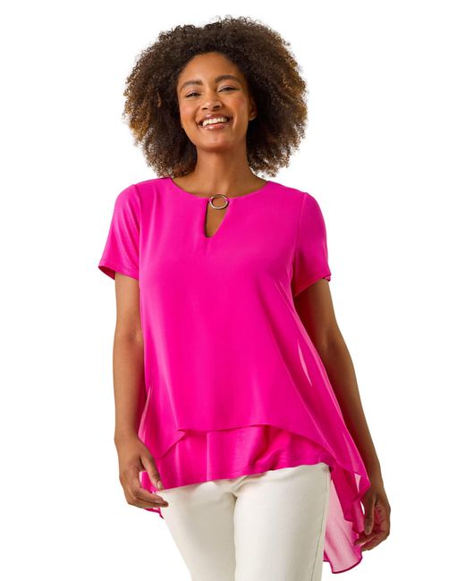 Roman Pink Ring Front Chiffon Overlay Top