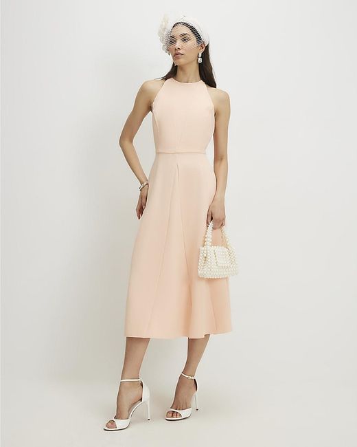 River Island Natural Midi Dress Bow Back Round Neck Sleeveless