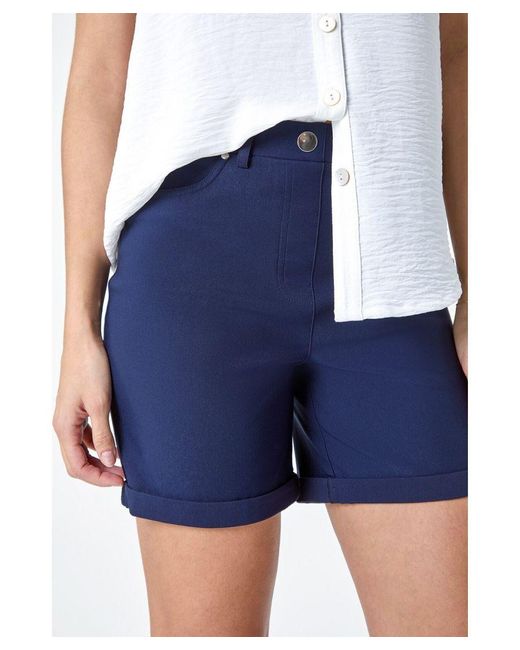 Roman Blue Stretch Elastic Waist Turn Up Shorts