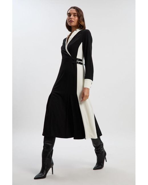 Karen Millen Black Tailored Crepe Buckle Waist Midi Shirt Dress