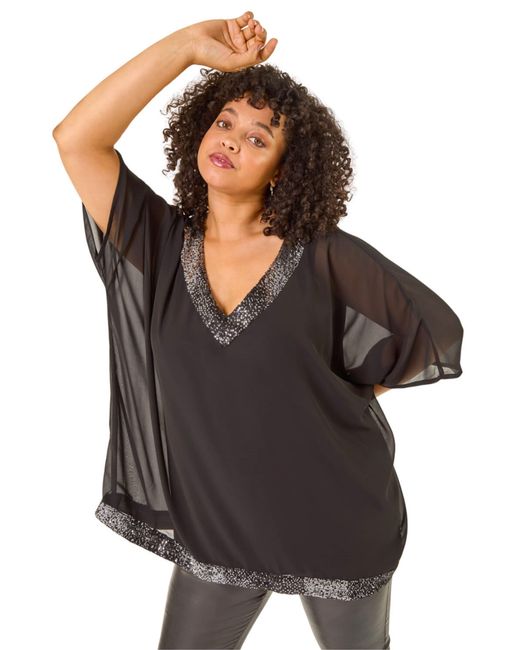 Roman Black Curve Sequin Trim V-Neck Kaftan