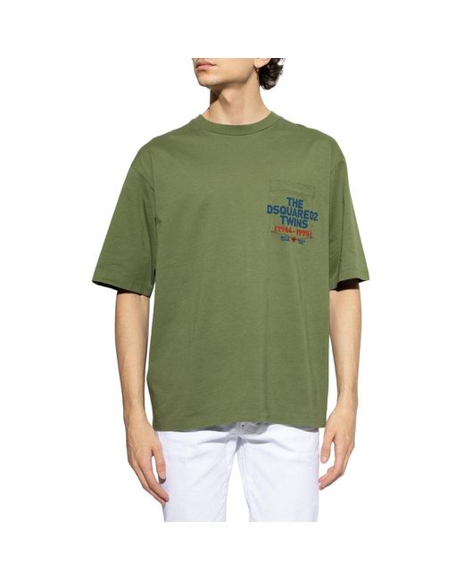 DSquared² Green Pocket Logo Print Sage T-Shirt Cotton for men