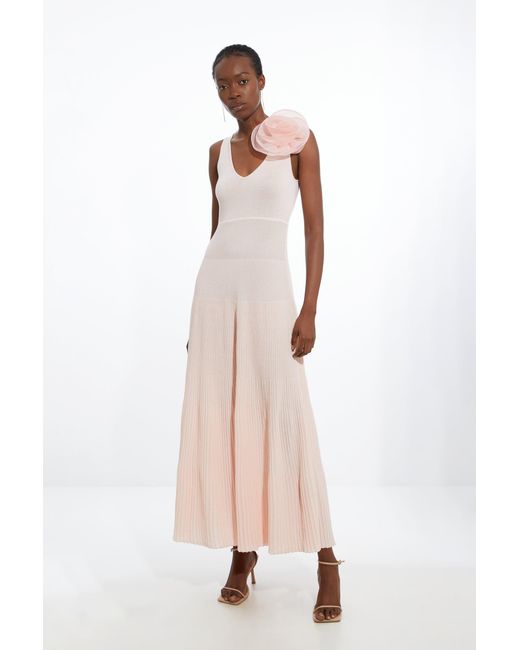 Karen Millen Natural Viscose Blend Knit Corsage Detail Maxi Dress