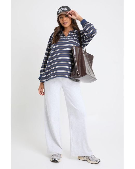 Boohoo White Maternity Striped Heavy Cotton Button Detail Collared Rugby Top