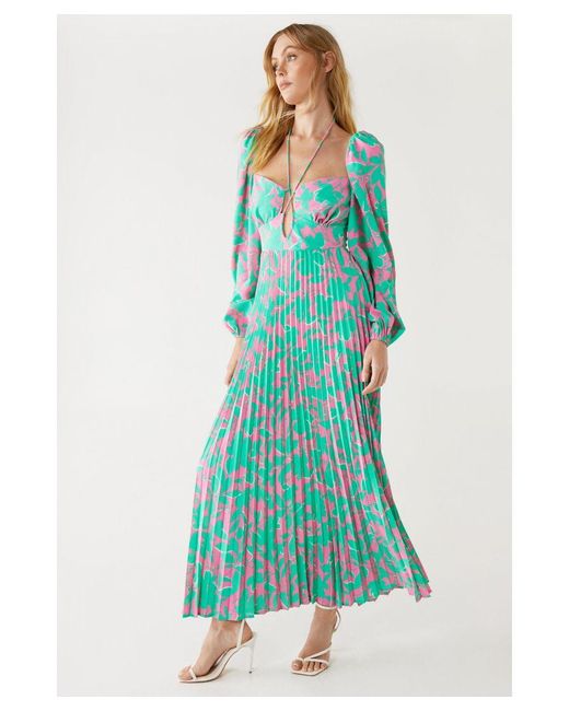 Warehouse Blue Floral Printed Strap Detail Pleated Midi Dress