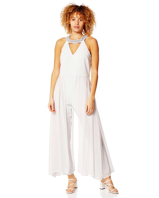 Roman White Sparkle Trim Chiffon Layer Jumpsuit