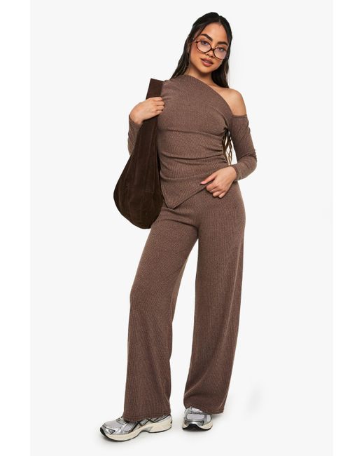Boohoo Brown Rib Wide Leg Trouser
