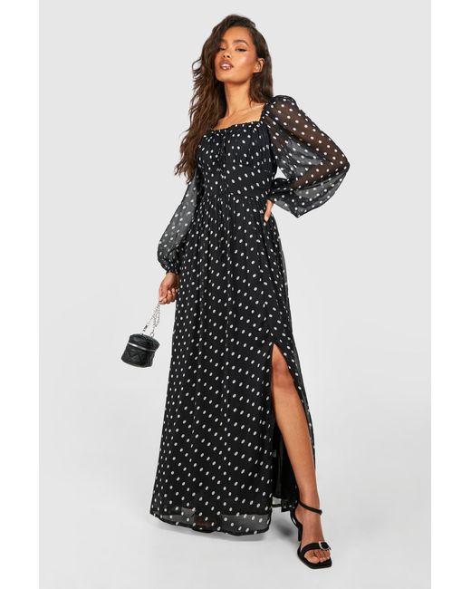 Boohoo Black Chiffon Polka Dot Milkmaid Midaxi Dress