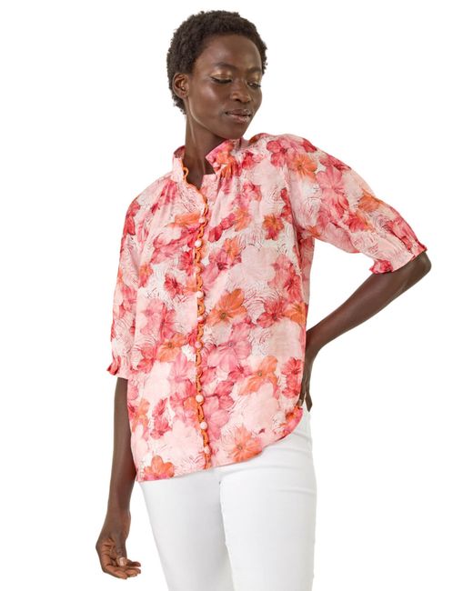 Roman Pink Floral Print Button Detail Blouse
