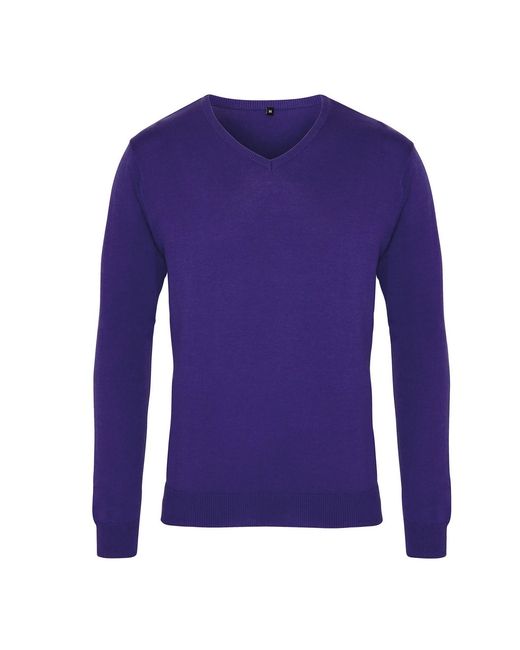 PREMIER Purple Knitted Cotton Acrylic V Neck Sweatshirt for men