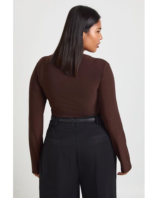 Boohoo Brown Plus Double Layer Slinky Long Sleeve Bodysuit