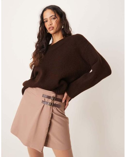 ASOS Brown Tailored Double Belt Wrap Raw Edge Skirt