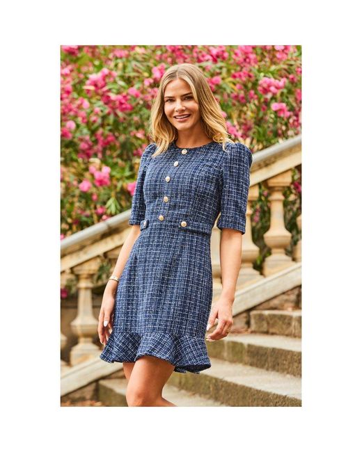 Sosandar Blue Boucle Peplum Hem Shift Dress