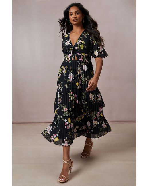 Oasis Multicolor Tie Front Pleated Tiered Midi Dress