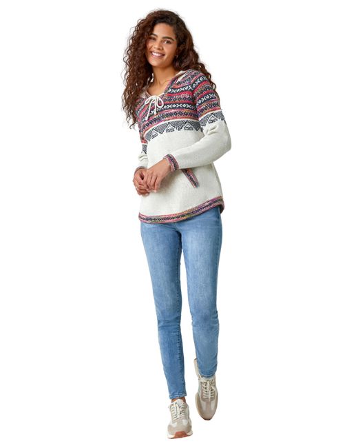 Roman Blue Nordic Print Knitted Hooded V-Neck Jumper