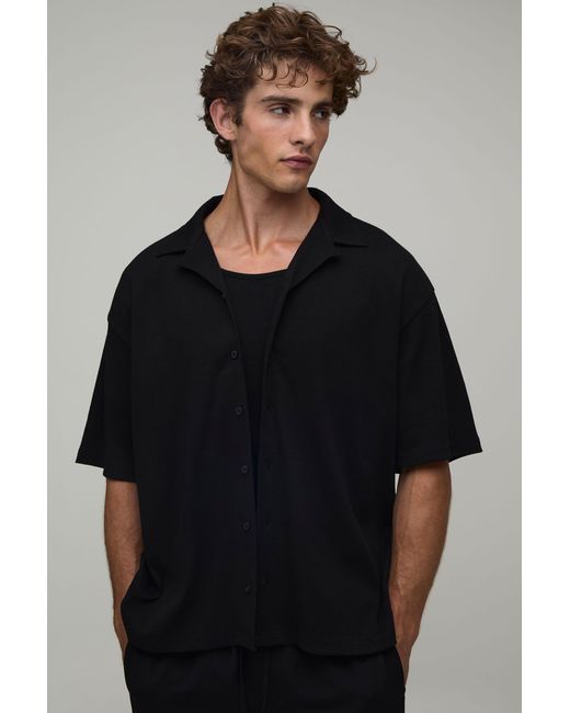 BoohooMAN Black Short Sleeve Ribbed Revere Oversized Shirt for men