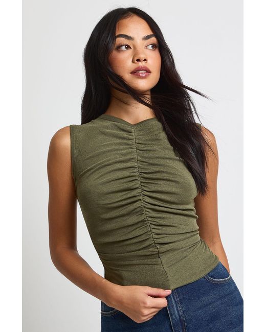 Boohoo Green Double Layer Sheer Mesh Ruched Front Top