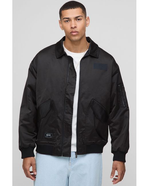 BoohooMAN Black Oversized Nylon Collared Flight Jacket for men