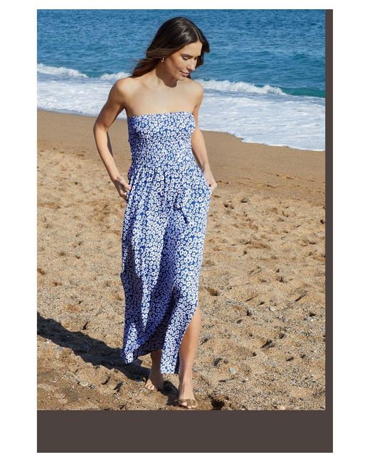 Threadbare Blue Cotton Jersey 'Hill' Bandeau Maxi Dress With Pockets