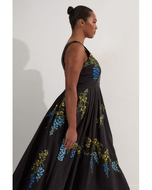 Karen Millen Black Plus Size Floral Embroidered Cotton Linen Woven Prom Dress