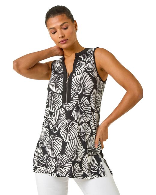 Roman White Leaf Print Zip Front Stretch Top