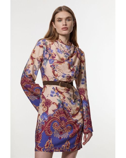 Karen Millen Red Premium Viscose Linen Paisley Border Print Woven Mini Dress