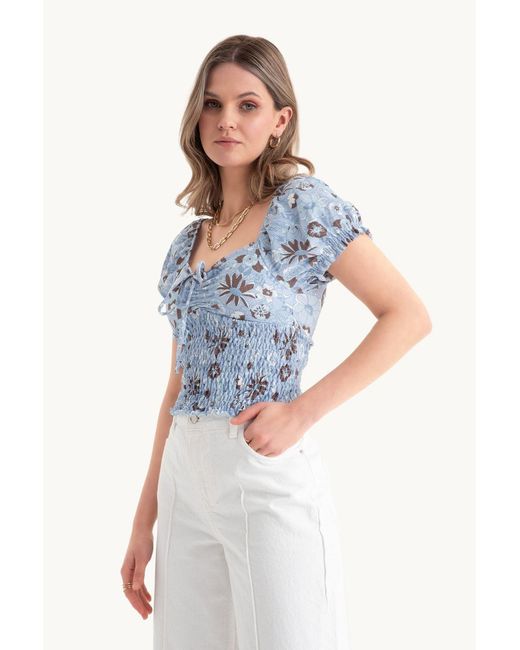 Hiccup Blue Floral Sweetheart Neck Smocked Top With A Puff Sleeve