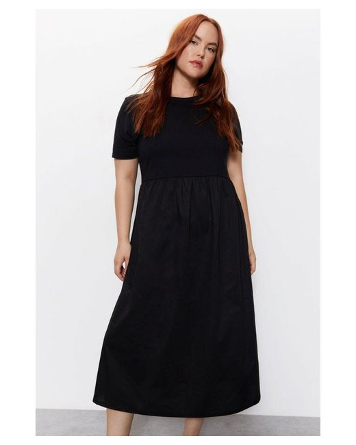 Warehouse Black Plus Short Sleeve Woven Mix Midi Dress