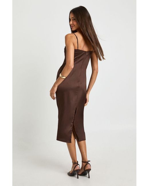 Boohoo Brown Ruched Cup Satin Midi Dress