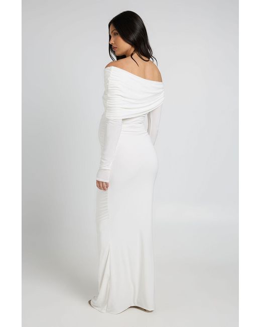 Boohoo White Maternity Double Slinky Bardot Long Sleeve Maxi Dress