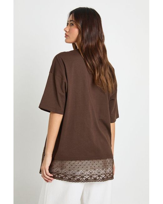 Boohoo Brown Oversized T-Shirt With Lace Hem Trim
