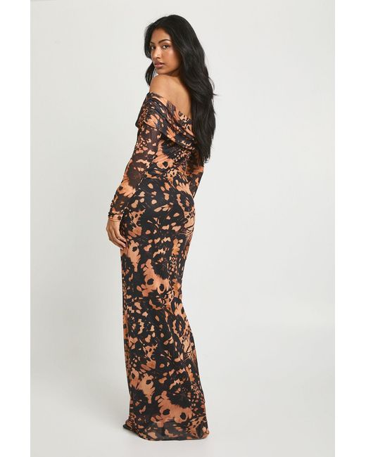 Boohoo Brown Abstract Printed Bardot Maxi Dress