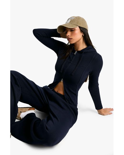 Boohoo Blue Rib Seam Detail Hoodie And Straight Leg Jogger Tracksuit