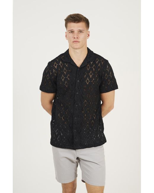 Brave Soul Black Geometric Crochet Short Sleeve Shirt for men