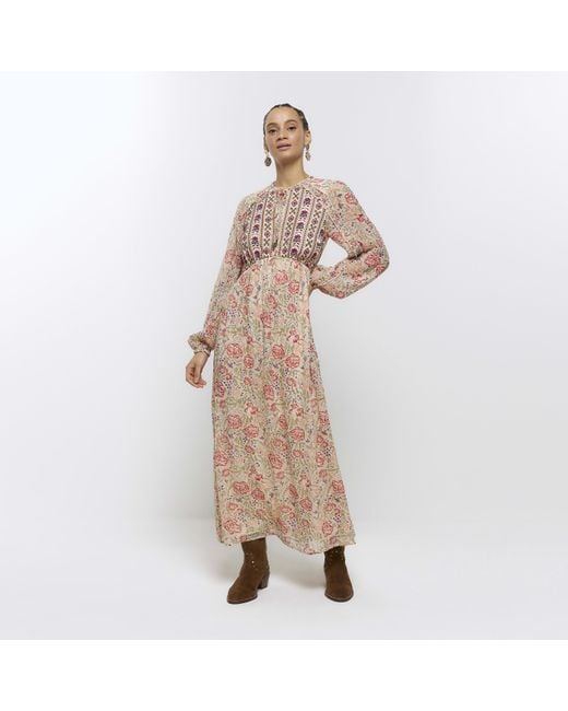 River Island Natural Cream Floral Embroidered Smock Midi Dress