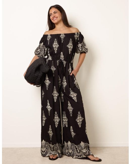 Blue Vanilla Black Printed Off Shoulder Jumpsuit