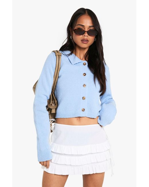 Boohoo Blue Collared Button Through Knit Cardigan
