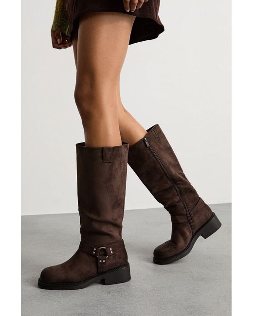 Faith Black Bia Faux Suede Knee High Biker Boots