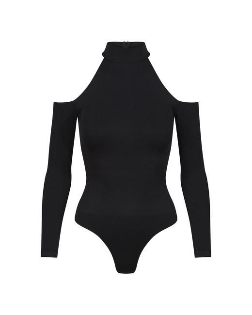 Ruey Black Ladies Essentials Cold Shoulder Bodysuit Sculpting Recycled Stretch Fit